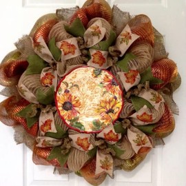 Autumn or Harvest Wreath Wild Sunflowers Decorative Plate Handmade Deco Mesh Wreath