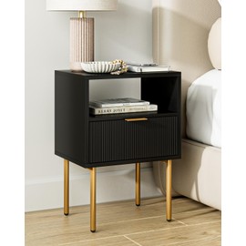 AEPOALUA Nightstand,Morden Bedside Table with Gold Frame,Small White Night Stand,End Table,Bedside Furniture,Side Table with Drawer and Shelf for Bedroom,Living Room (1Drawer, Black)