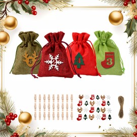 Christmas Advent Calendar Bags DIY Countdown 24 Days Christmas Calendar Burlap Bags Drawstring Reusable for Gifts Presents Christmas Decoration Kids Adults (4 color)