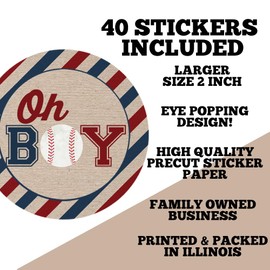 Baseball Baby Shower Stickers for Boys - 40 2" Round Oh Boy Labels - Great for Party Favors, Envelope Seals & Goodie Bags by Amanda Creation