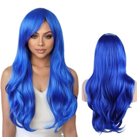 Tangyaoyusun 28Inch Navy Blue Wig with Bang Long Wavy Curly Hair Cosplay Wig For Girls Women Theme Party (Navy Blue)