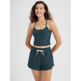 ODODOS Women's Slim Racerback Cropped Tank – Stratum Tech Sports Bra, Ultra Soft UPF 50+ Cami Top with Built-in Bra, Navy Heather, Medium