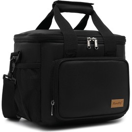 FlowFly Insulated Lunch Bag Adult Lunch Box Large Cooler Tote Bag with Top Handle for Men, Women, with Adjustable Strap,Front Pocket and Dual Large Mesh Side Pockets, Black