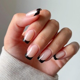 FANLAID French Tip Press On Nails Square - Medium Nails Press Ons, Nude Pink Glue On Nails for Women Daily Wear, Natural Fit Stick On Nails in 15 Sizes - 30 Soft Gel Fake Nail Kit, Black French