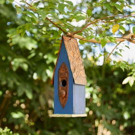 Glitzhome 13.25" H Retro Blue Distressed Solid Wood Birdhouse Hanging Garden Bird House for Outdoors
