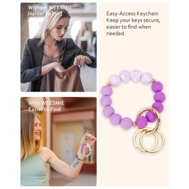WEESMILE Silicone Key Ring Bracelet, Cute Keychain Wristlet with 2 Key Rings, Elastic Car Key Holder Bangle for Women (Leopard Purple)