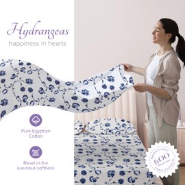 Carressa Linen Luxury Egyptian Cotton King Printed Sheet Set - 600 Thread Count Extra Long Staple 4 PC Set, Blossom Azure King Printed Sheets, Soft, Cooling Sateen Weave Sheets Upto 18 in Deep Pocket