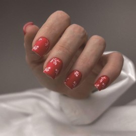 RIICFDD Christmas Press on Nails Red Fake Nails Short Coffin False Nails Branch Glue on Nails Artificial Acrylic Nails Full Cover Matte Stick on Nails for Women Girls Nail Decoration 24 Pcs