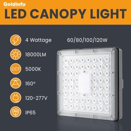 Goldinfu 120W LED Canopy Light, 60/80/100/120W Selectable, 5000K Square Commercial LED Canopy Lights Outdoor IP65 Waterproof for Garage Shop Gas Station Carport Warehouse, DIM, 100-277VAC, ETL Listed