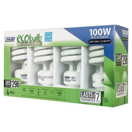 Feit Electric NEW Feit ESL23TM/4/RP PACK (4) SOFT WHITE SPIRAL Light Bulbs CFL 23w 1600 lumen