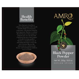 Pure Ceylon Black Pepper Powder 250g (8.8 oz), 100% all-natural, Black Pepper gently dried and ground, without additives, flavor enhancers, or artificial flavors.