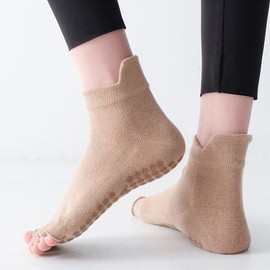 aoozleny Half Toe Non-slip Grip Socks -Five Finger Fitness Socks Cotton Socks for Yoga & Pilates & Dance & Ballet - Size 5-10 (Standard, Beige)