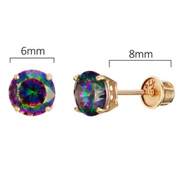 14k Yellow Gold 6mm Rainbow Cubic Zirconia Round Basket Children Screwback Baby Girls Stud Earrings