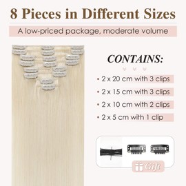 Tess Clip-In Real Hair Extensions, Remy Human Hair Extensions, 8 Wefts, 25 cm, 50 g, #60 White Blonde