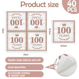 Xunerloy 40Pcs 100th Birthday Napkins Rose Gold, Happy 100th Birthday Serviettes White Napkins for Women Men Her He Anniversary Decoration