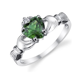 Sterling Silver 925 Irish Claddagh Friendship & Love Ring with Simulated Emerald Green Color Heart Cubic Zirconia 9
