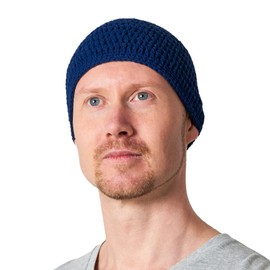 CHARM Cotton Skull Cap for Men - Crochet Kufi Hat Mens Beanie Prayer Hat Knit Soft Sensitive Skin Chemo Navy L