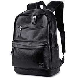 Black Leather Laptop Backpack for Men Women School College Bookbag for Student Computer Rucksack for Work Fits 15.6 Inch Laptop