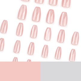 MouyouGlow Press on Nails Short, Ballerina Nude Natural Cat Eye Sweet Magnetic Fake Nails with Nail Glue, Natural Phototherapy Acrylic Artificial Fingernails