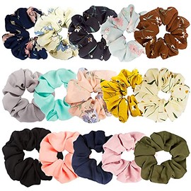 FAMEZA 15 Pcs Floral Solid Color Scrunchies Silk, Scrunchies for Girls with Bow, Scrunchies for Women with Chiffon, Bow Scrunchies for Women Bulk, Hair Scrunchies for Women's Hair