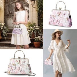 Abuyall Floral Top-Handle Handbag, Kiss Lock Evening Bag for Women, Vintage Handbag, 3d-off White-flower