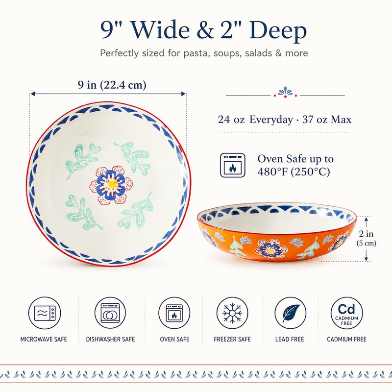 CINAIMPRESSION 9Inch Pasta Bowls Set of 4, HandPainted Ceramic, Mix