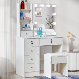 Yamissi Makeup Vanity Set Dressing Table Desk with Stool  LED Lighted Mirror Drawers