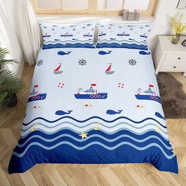 Homemissing Nautical Duvet Cover Sailboat Printed Bedding Set Ocean Themed Comforter Cover for Boys Girls Kids Sea Adventure Bedspread Cover Single With 1 Pillow Case