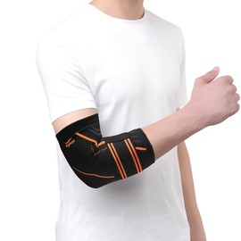 TYNOR Elbow Brace Compression Support for Women & Men - Elbow Support Sleeve for Elbow Treatment, Workouts, Weightlifting, Stretchable Straps for Perfect Fit, Black & Orange, Medium, 1 Unit