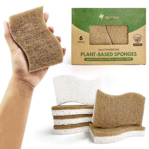 AIRNEX - Esponjas naturales de cocina, paquete de 10 unidades, esponjas de celulosa y coco, esponjas de limpieza de nuez, aptas para platos, sin arañazos, esponja ecológica para lavar y limpiar,