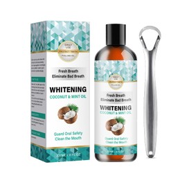 Enjuague bucal con aceite de coco y sabor a menta, previene el mal aliento, ayuda a blanquear los dientes, cuidado bucal natural, enjuague bucal con raspador de lengua