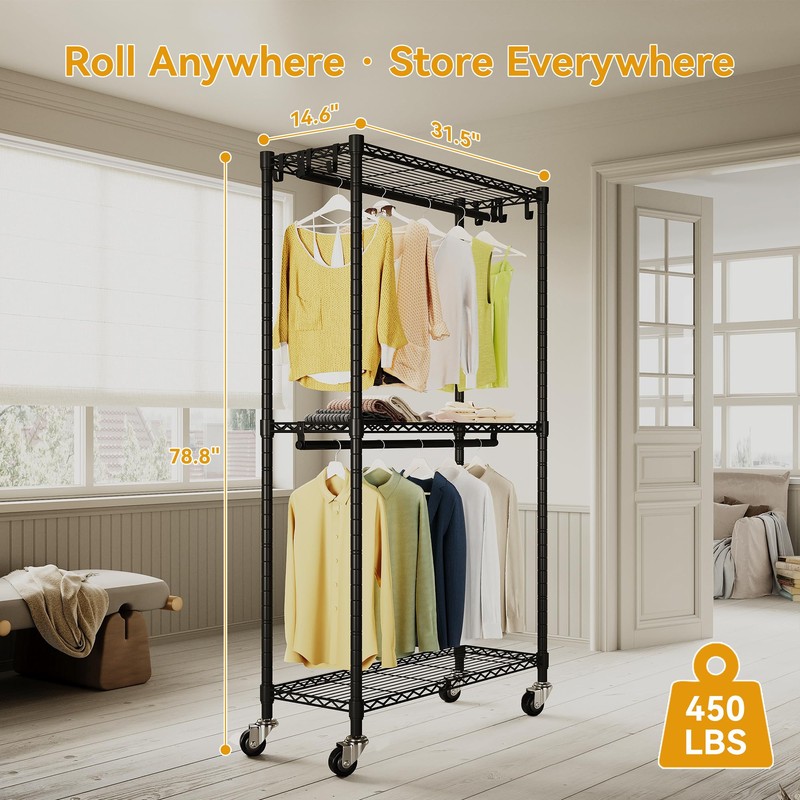 Higeego Rolling Clothing Rack for Hanging Clothes Heavy Duty Garment