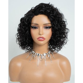 Style Icon Short Water Wave Wigs Human Hair Side Part Lace 12 inch Curly Bob Wigs Glueless Wear and Go Wig for Women C-Lace Natural Black (Color:1B)