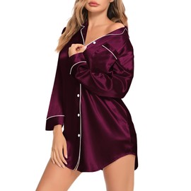SWOMOG Women's Sexy Satin Nightshirt Long Sleeve Sleepshirt Silk Nightdress Button Down Pajama Top Wineberry