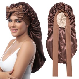 AWAYTR Long Satin Bonnet for Sleeping - Double Layer Reversible Silk Bonnet for Long Hair Women Sleeping Cap with Tie Band (Brown+Champagne)
