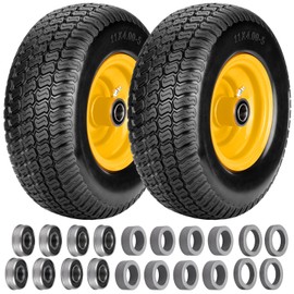 11x4.00-5 Flat Free Lawn Mower Tires, Zero Turn Mower Front Tires, 11x4-5 Solid Lawn Tractor Wheel with Rims, 3/4" or 5/8" & 1/2" Precision Bearings, 3.4"-3.9"-4.9"-5.9" Center Hub (2 Pack Yellow)