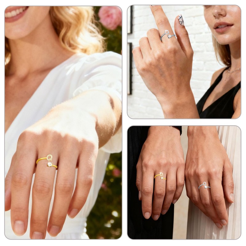 ABJFJE Adjustable Gold Silver Letter Rings for Women Dainty Crystal