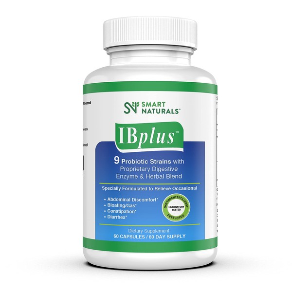 Smart Naturals IBplus® Probiotic, Digestive Enzyme & Herbal Blend, Improved Formula-60 Capsules!! for Irritable Bowel - Abdominal Pain, Constipation, Diarrhea, Gas/Bloating –Proprietary Formula