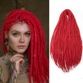 20 Inch Wool Dreadlock Extensions 20 Strands Double Ended Blonde Handmade Synthetic Hippie Wool Dreads Extensions Locs Style Crochet Hair for Women（Red, 20 Inches)