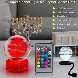 Fanrui 80MM Jupiter Planet Figurine Statue - 3D Crystal Jupiter Figure Sphere Lamp for Desktop Tabletop Decor - Jupiter Paperweight Stuff for Outer Space Themed Bedroom - 16 Colors Change Night Light