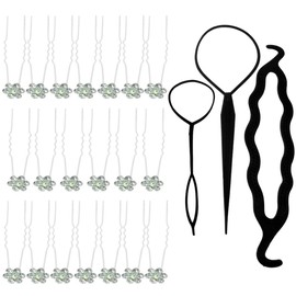 kilofly Rhinestone Flower Hair Pins Set of 20 + Hair Styling Bun Maker Tools
