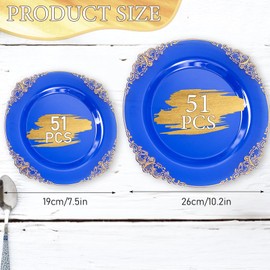 102pcs Blue Plastic Plates with Gold Rim, Disposable Party Plates, Include 51pcs 10.25inch Dinner Plates, 51pcs 7.5inch Dessert Plates, Table Decorations for Wedding Birthday Christmas Parties