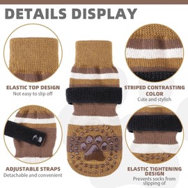 KOOLTAIL Anti Slip Dog Socks for Hot/Clod Pavement to Prevent Licking Paws with Grippers, 3 Pairs Paw Protector, Double Sides Stripe Dog Shoes Toe Grips for Small Medium Large Senior Dogs (Brown XL)