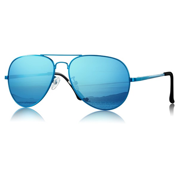 SODQW Gafas de sol de aviador polarizadas para mujeres y hombres, marco de metal grande, protección UV 400, Marco azul/lente polarizada de espejo azul, L
