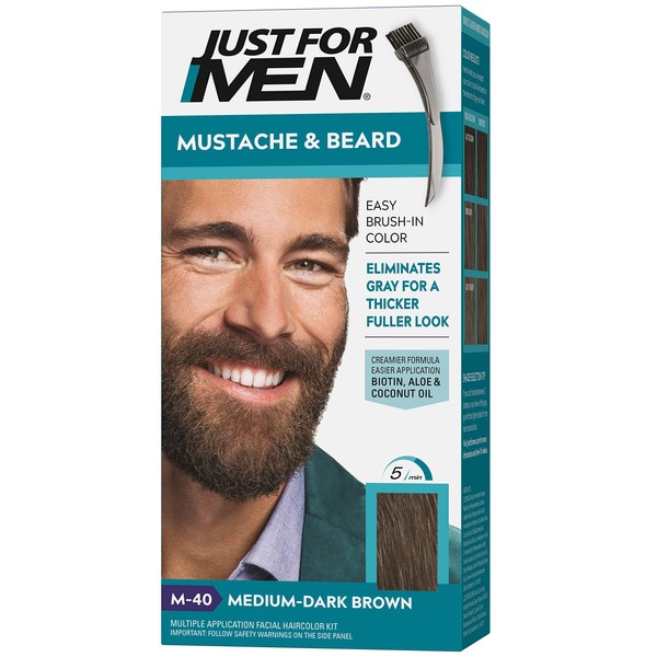 Just For Men Mustache & Beard, Beard Coloring for Gray Hair with Brush Included for Easy Application, With Biotin Aloe and Coconut Oil for Healthy Facial Hair - Medium-Dark Brown, M-40