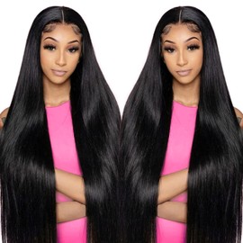 JKD 13x6 Lace Front Wig Human Hair 22 Inch Black Wig Human Hair Pre Plucked Pre Cut with Baby Hair 220 Density HD Transparent Frontal Straight Lace Front Wigs for Women Natural Color