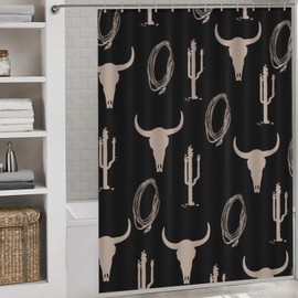 Cortinas de ducha occidentales para baño, diseño tribal del suroeste con estampado de vaca de cactus, toro, calavera, salvaje oeste, rústico, bohemio, negro, dorado, impermeable, juego de cortinas de