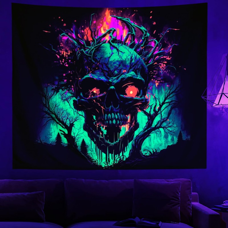 SparkLia Blacklight Fire Skull Tapestry, UV Reactive Burning Skeleton Horror