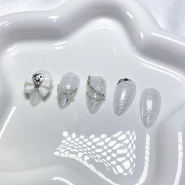 White Crystal Ribbon Nail - Short Oval / 화이트 크리스탈 리본네일 - 숏오발