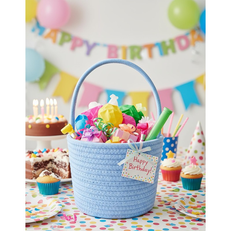 Prudance 6" x 5" Small Cotton Rope Basket with Handle,Blue,Favors